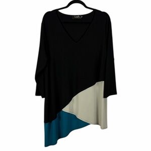Sympli Asymmetrical Tunic Top Color Block Black Cream Teal Size 18 Made In Canad